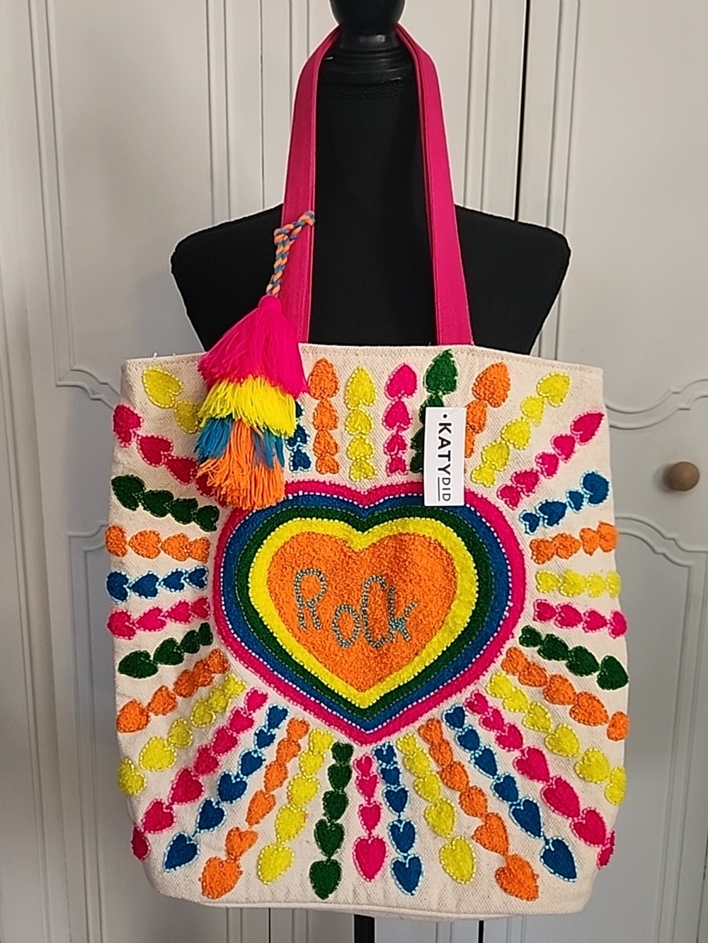 Katydid Multicolor Heart Rainbow Embroidered Tote with Hot Pink Handles